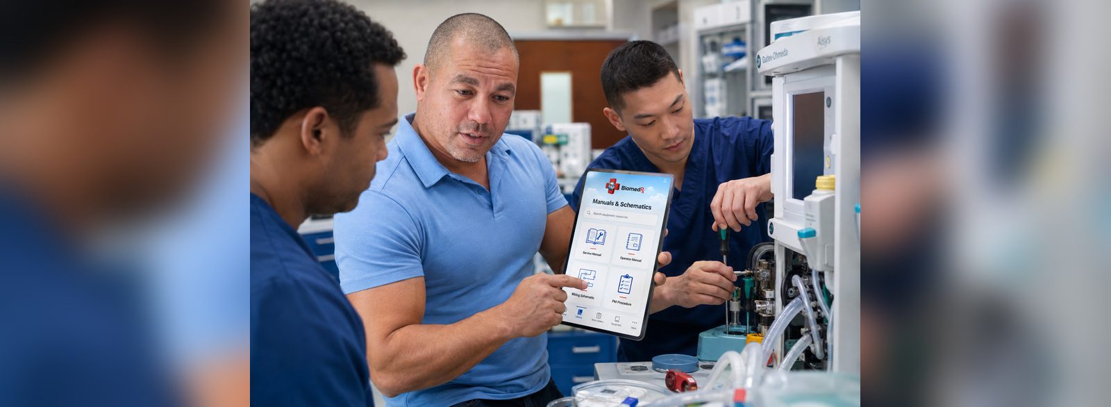 Technicians pulling anesthesia machine service manuals and schematics in the BiomedRx App