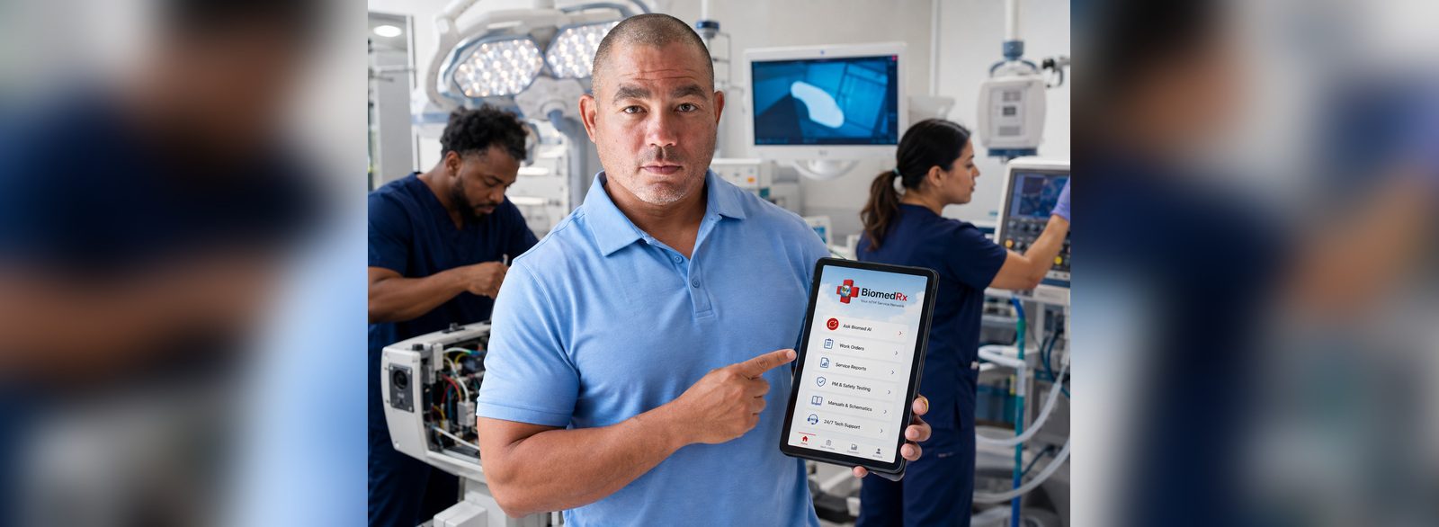 The BiomedRx App main menu with Ask Biomed AI, work orders, service reports, PM and safety testing