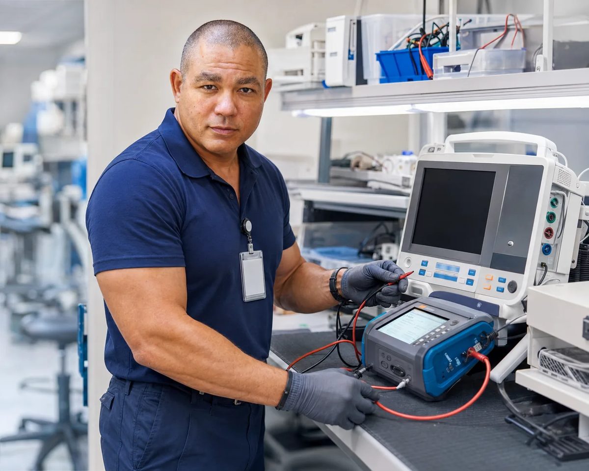 Gloved biomedical technician performing an electrical safety test with an analyser connected to a defibrillator