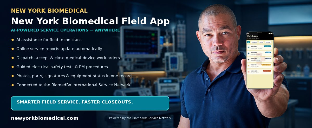 New York Biomedical Field — AI-powered field-service mobile app; automatic online service reports, work-order dispatch, and closeout