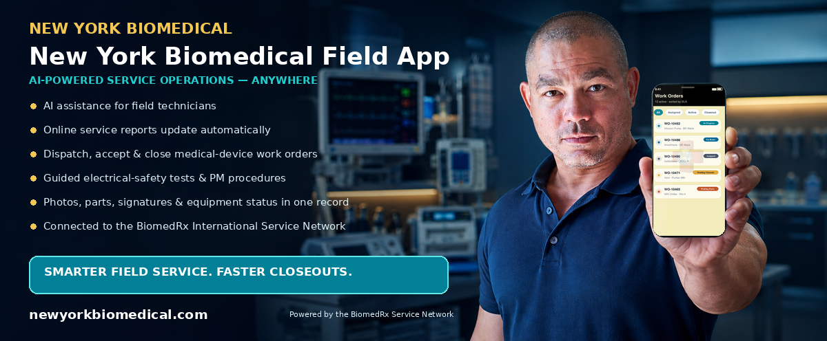 New York Biomedical Field — AI-powered field-service mobile app; automatic online service reports, work-order dispatch, and closeout