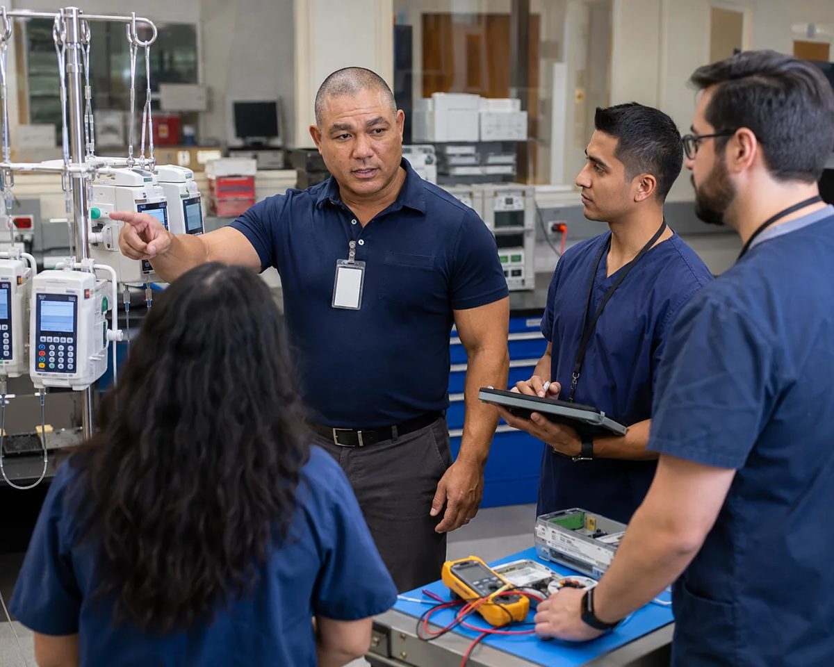 Biomedical equipment technician pointing to infusion pumps on an IV pole while training three technicians at a shop bench