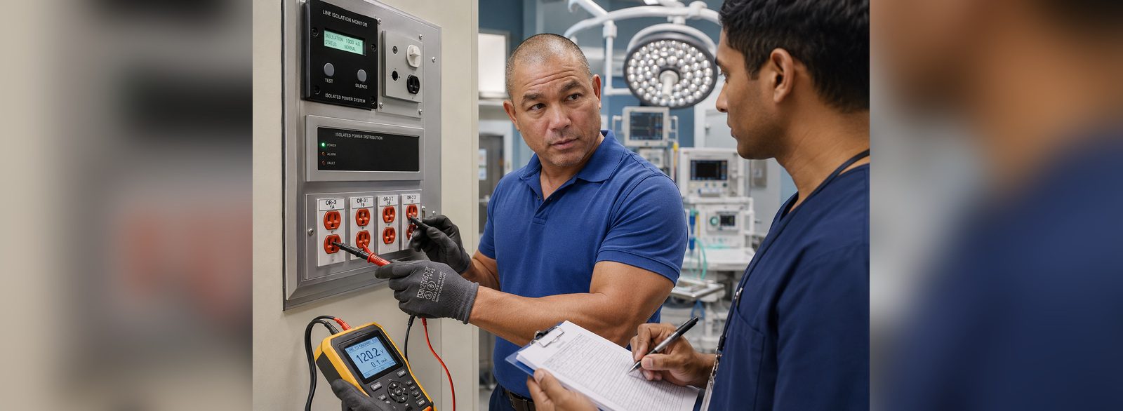 Isolated power receptacle voltage verified at 120.2 volts and recorded on the inspection sheet